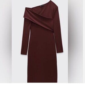 ZARA Asymmetrical Maroon Midi Long Sleeve Dress | Size Small